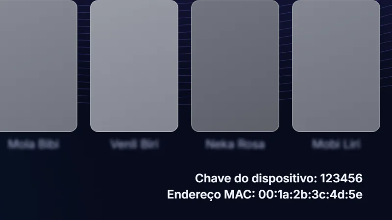 Rodapé da tela inicial do app, com a chave do dispositivo e o endereço MAC em destaque